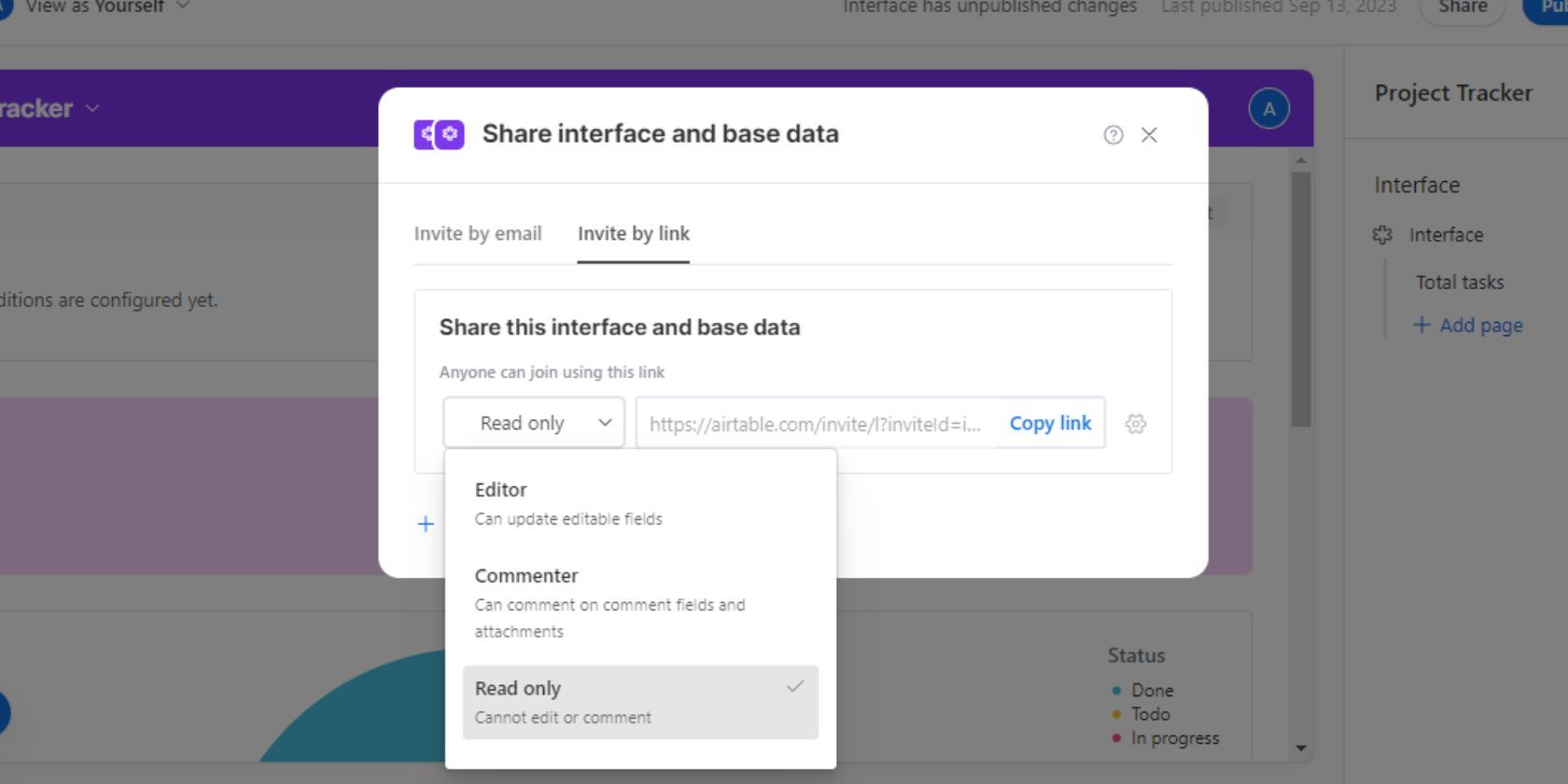 Скриншот Airtable: создание приглашения по ссылке с настройкой прав