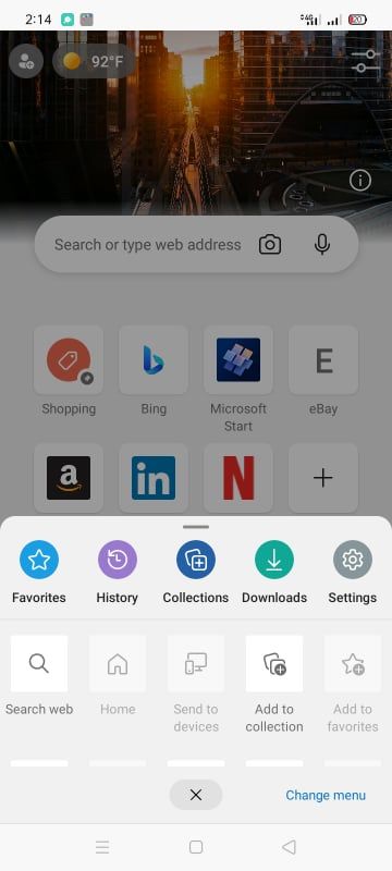 Открытие настроек Edge на Android