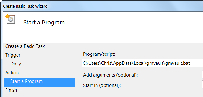 Выбор gmvault.bat в Планировщике