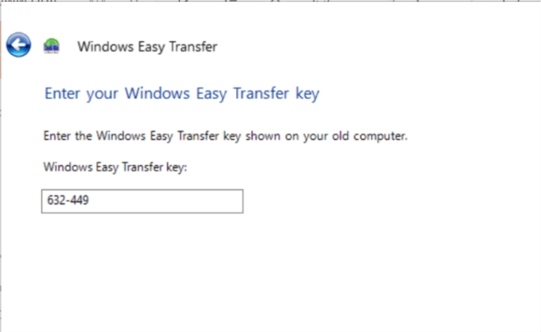 Поле ввода ключа Windows Easy Transfer