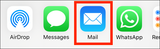 Выбор приложения Почта в листе Поделиться