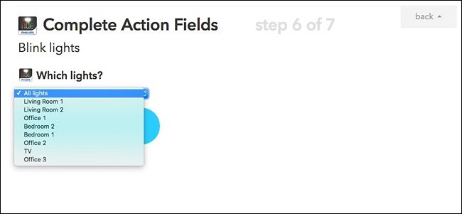 Выбор конкретной лампы Philips Hue в интерфейсе IFTTT