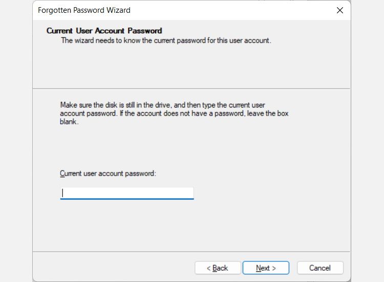 ввод текущего пароля пользователя в мастере сброса пароля Windows