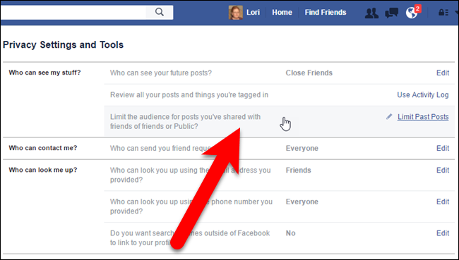Пункт Ограничить аудиторию старых публикаций