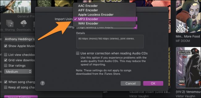 Выбор MP3 в списке кодировщиков iTunes
