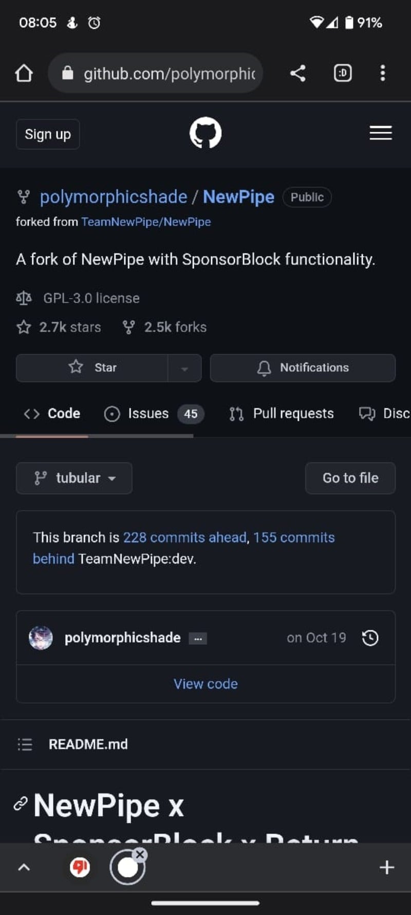 Скачать форк NewPipe через IzzyOnDroid
