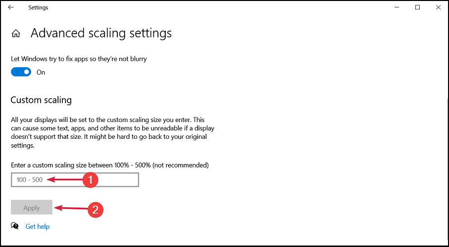 Поле ввода пользовательского масштабирования, пример 115%