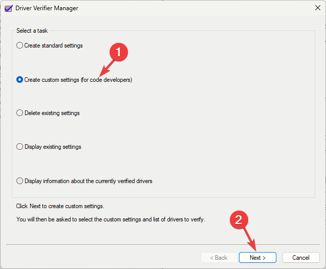 Create custom settings (for code developers) and click Next.