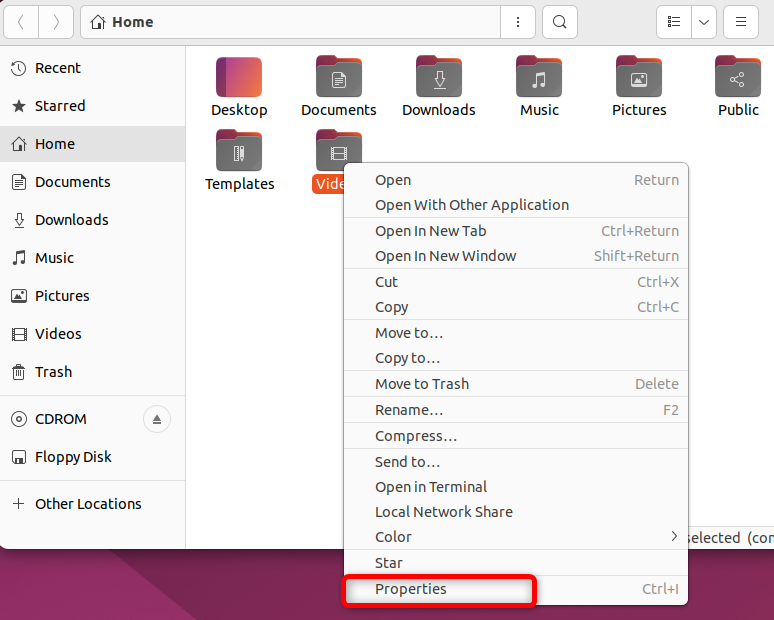 Контекстное меню Nautilus с выделенной командой Свойства.