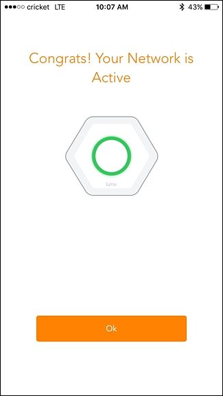 Главная панель приложения Luma: статус сети и результаты теста скорости
