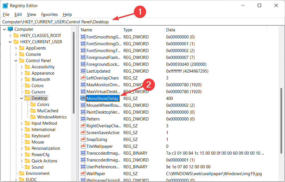 Структура реестра и выделенный ключ MenuShowDelay