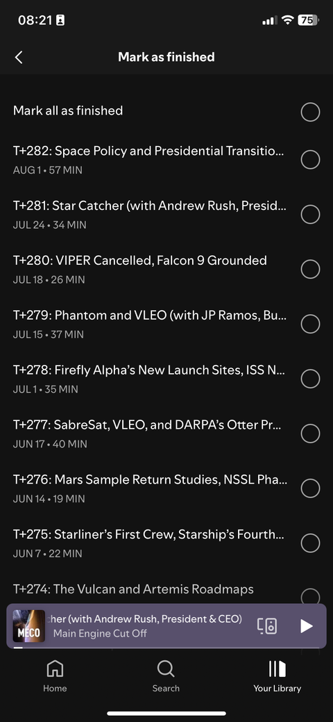 The Spotify app on an iPhone, where a user is marking all episodes of a podcast as finished.