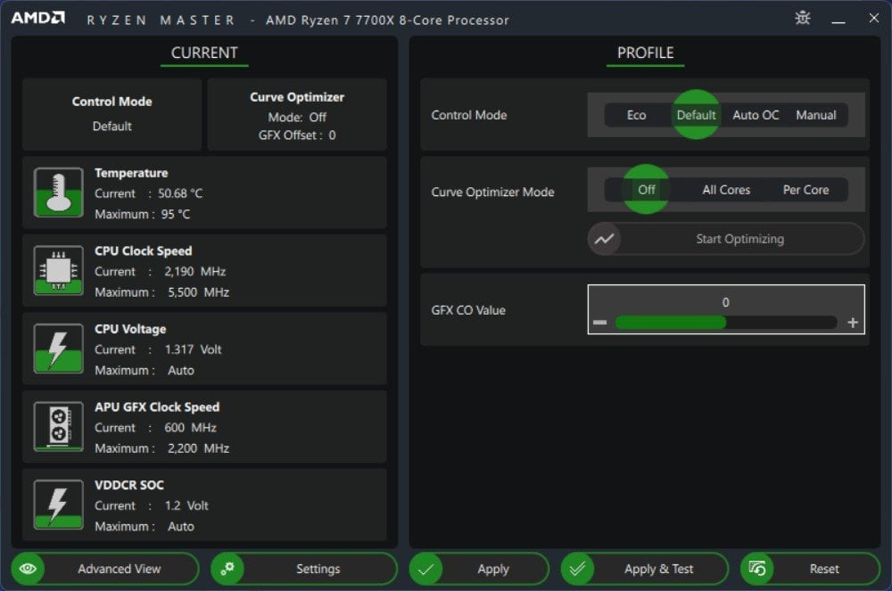 Интерфейс Ryzen Master с мониторингом температуры и активностью ядер