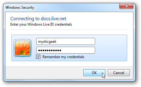 Форма для ввода имени пользователя и пароля Windows LiveID