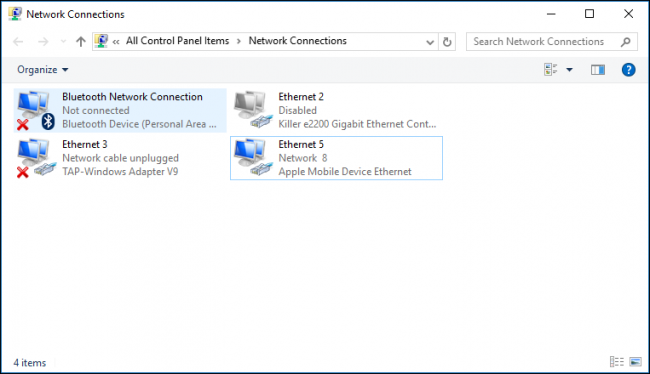 Windows: сетевой адаптер Apple Mobile Device Ethernet