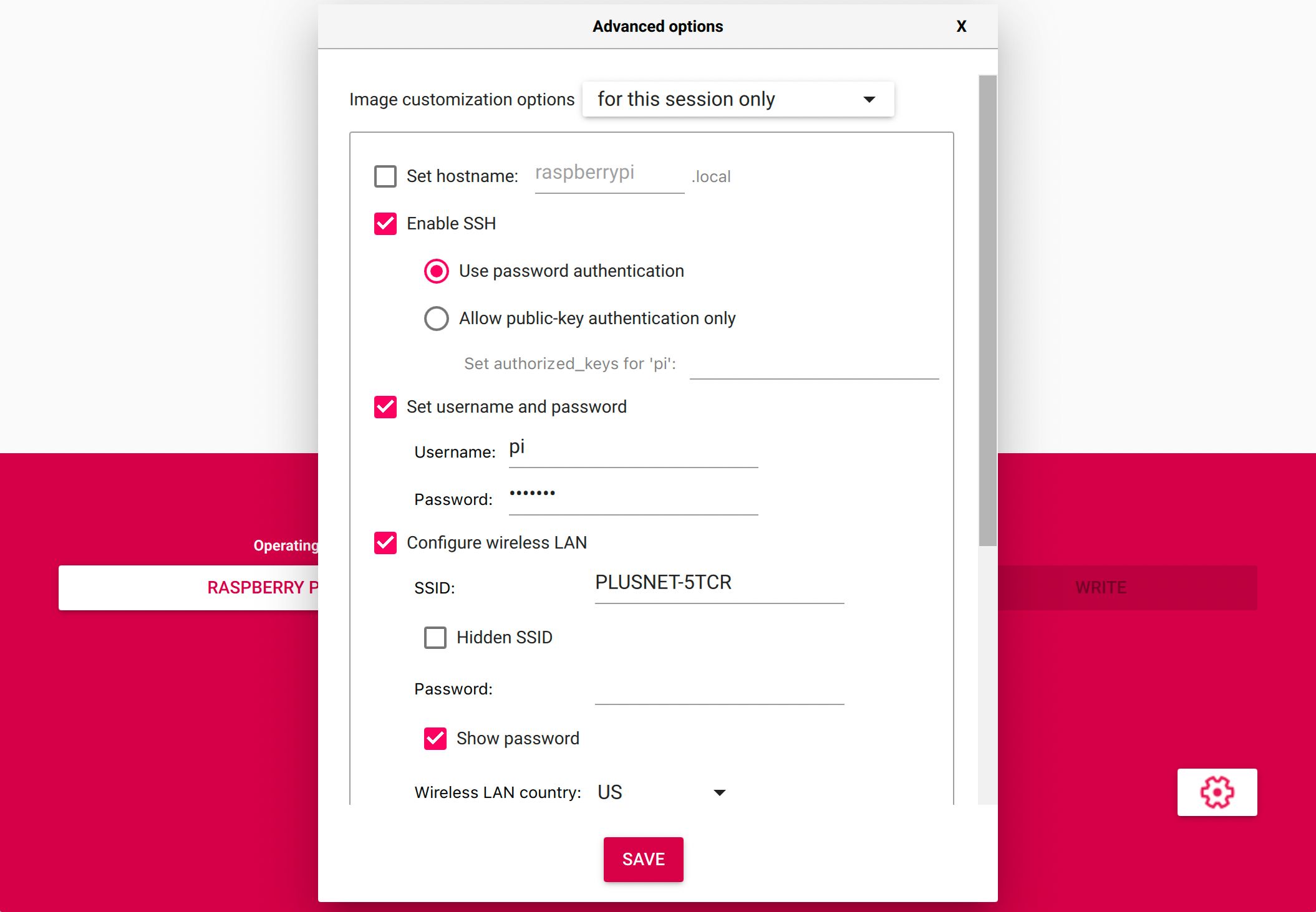 Окно Advanced Settings в Raspberry Pi Imager — включение SSH и ввод Wi‑Fi