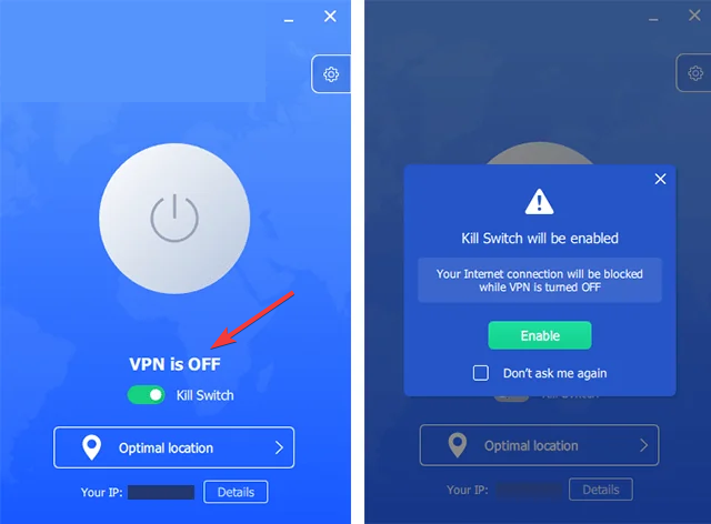 Paramètre Kill Switch activé dans l'application VeePN