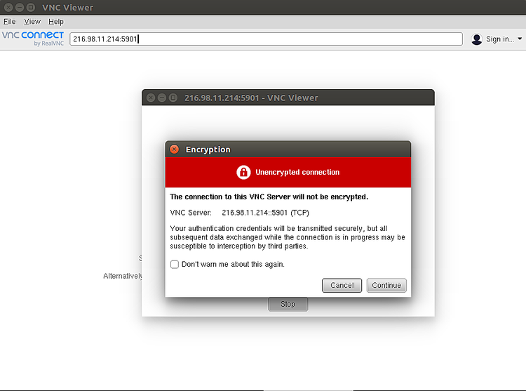 Окно подключения VNC Viewer с полем адреса сервера