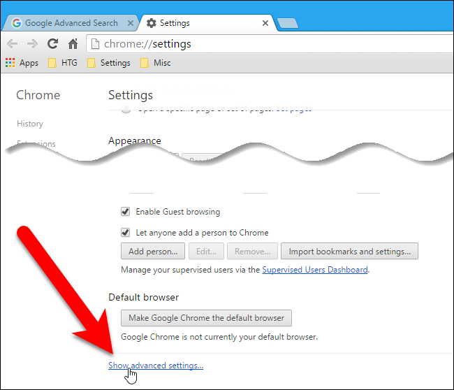 Показать дополнительные настройки в Chrome