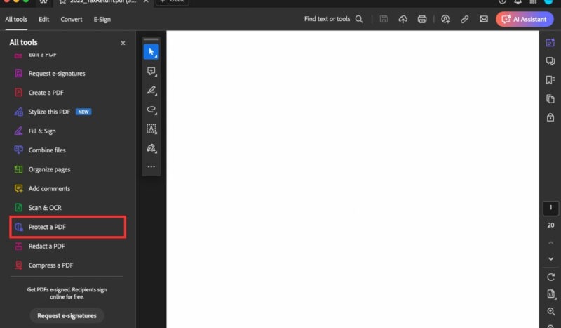 Выбор меню Protect a PDF в Adobe Acrobat