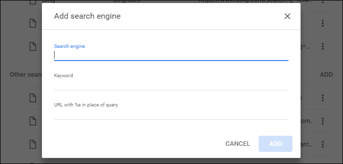 Диалог добавления поисковой системы в новой версии Chrome