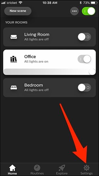 Экран настроек приложения Hue со списком опций и выделенной вкладкой Settings