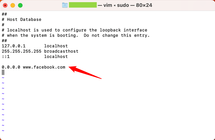 Пример для macOS Ventura: файл hosts с записью блокировки