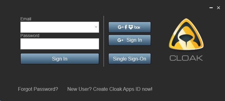 Экран создания аккаунта Cloak с вариантами регистрации через Google, Facebook и email