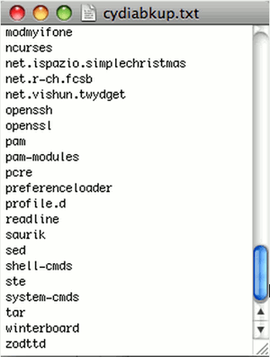 Пример содержимого cydiabkup.txt с именами пакетов