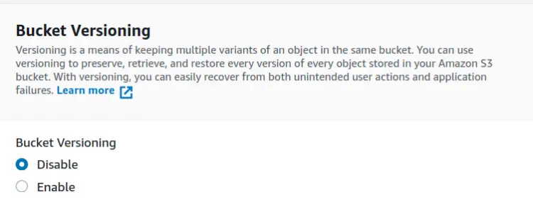 Опция включения версионирования бакета в интерфейсе S3
