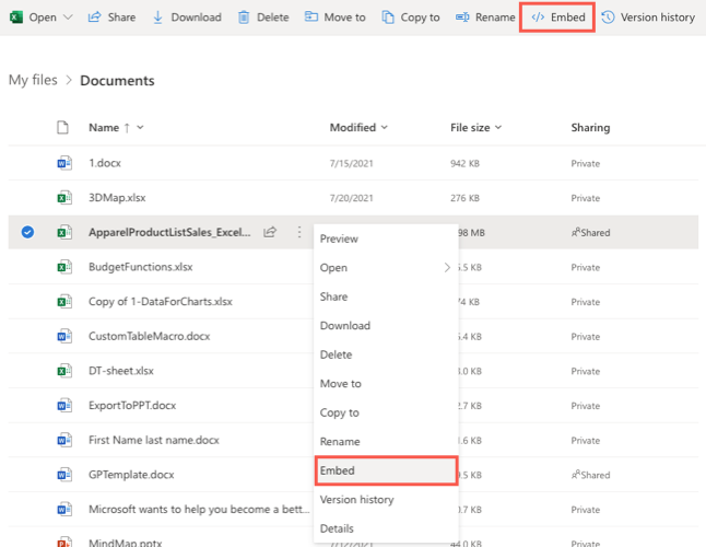 Параметры встраивания для файла OneDrive