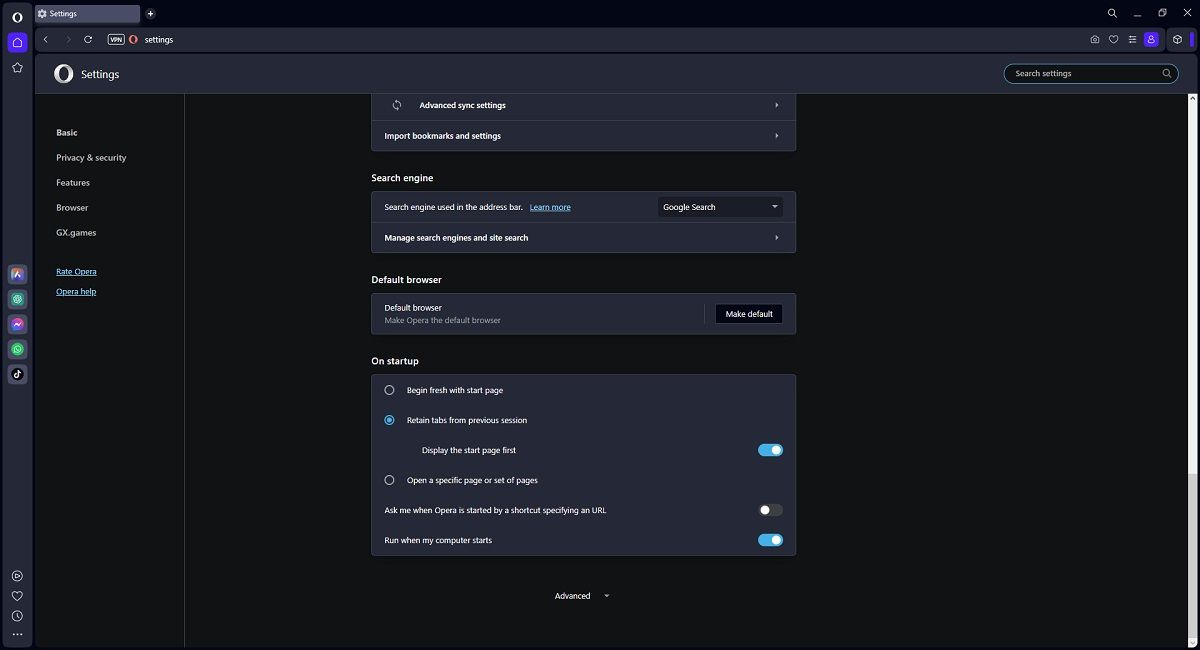 Меню настроек Opera One — подраздел Advanced