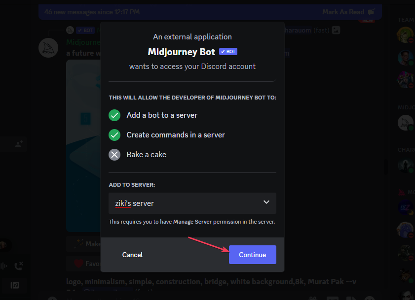 Процесс добавления бота на сервер в Discord