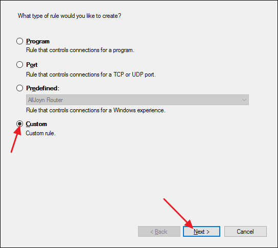 Мастер создания правила — выбор пользовательского правила