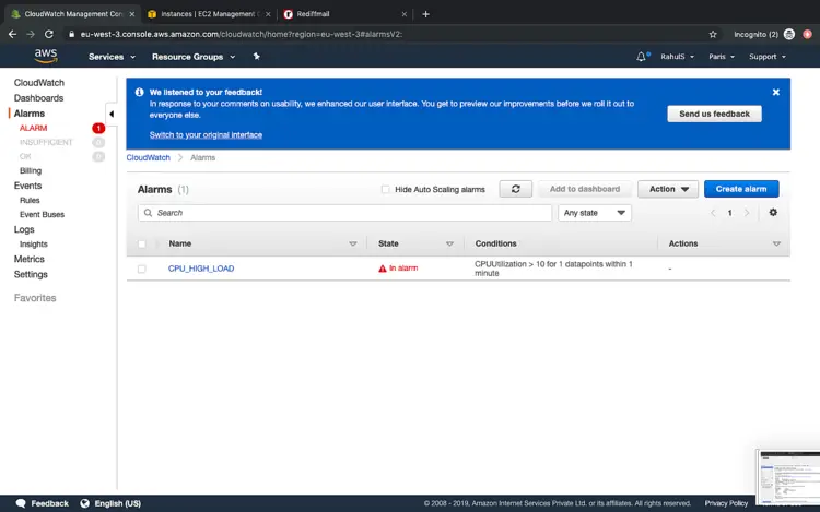 Тревога в состоянии In Alarm в списке Alarms