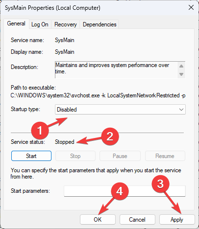 Настройки запуска SysMain — Отключено и Остановить