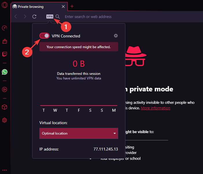 Кнопка VPN на адресной строке Opera GX