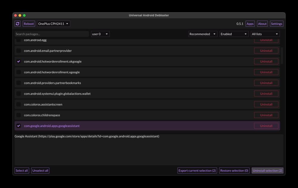 Удаление нескольких приложений в Universal Android Debloater