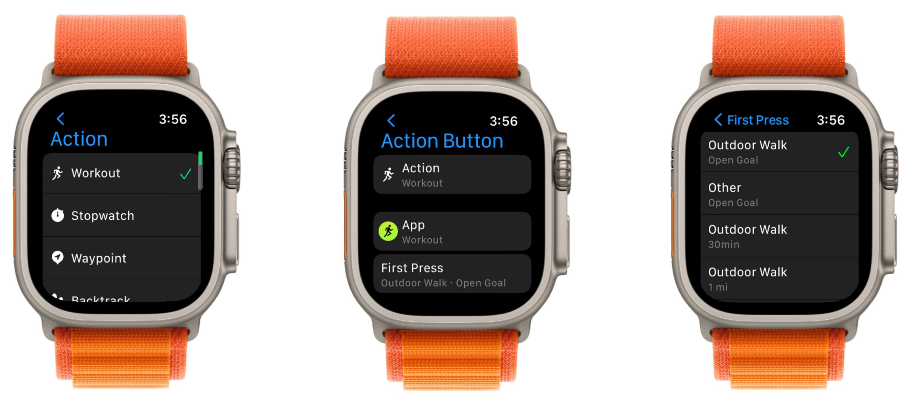 Экран настройки Action Button в приложении Watch на iPhone, выбор действия и дополнительные опции
