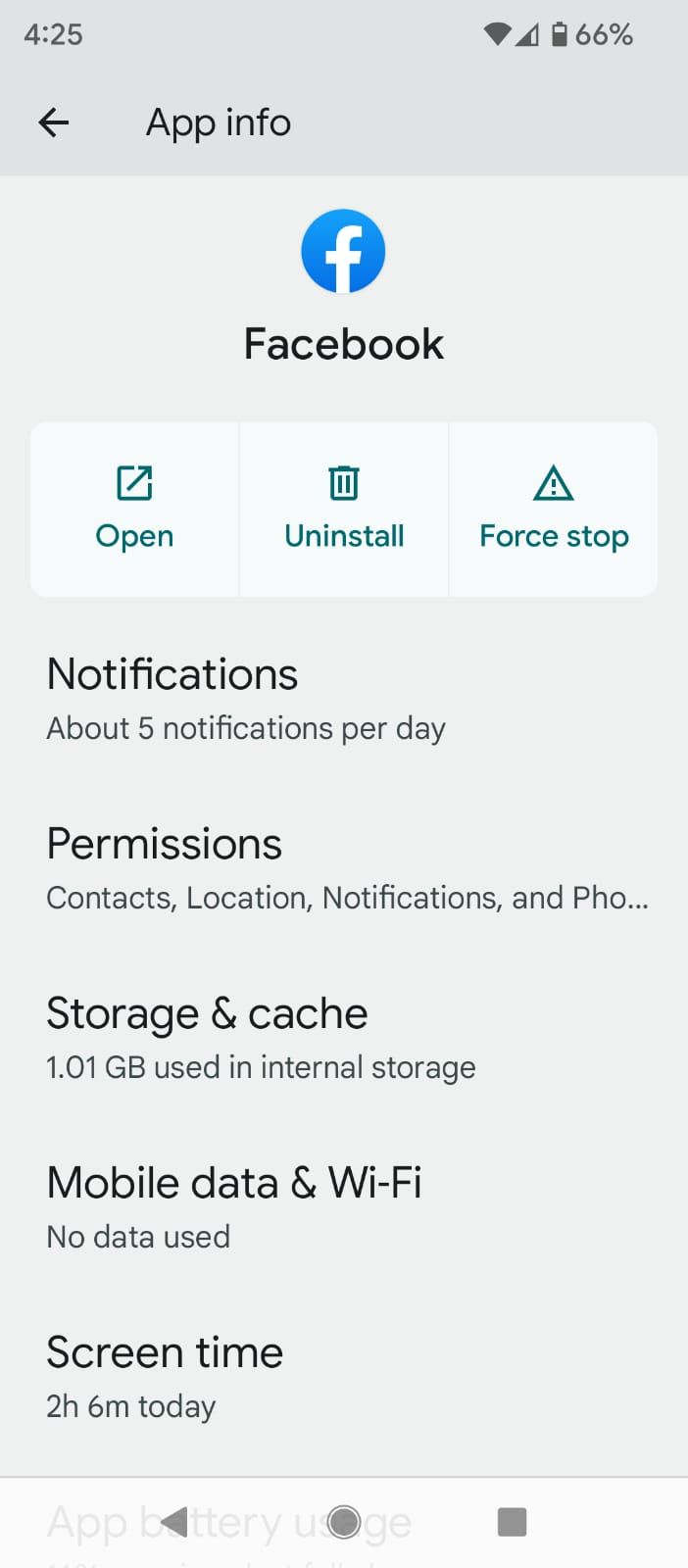 Сведения о приложении с кнопками очистки кэша и данных