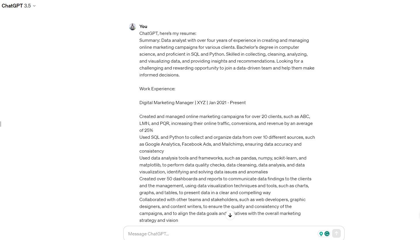 Запрос на доработку существующего резюме в ChatGPT