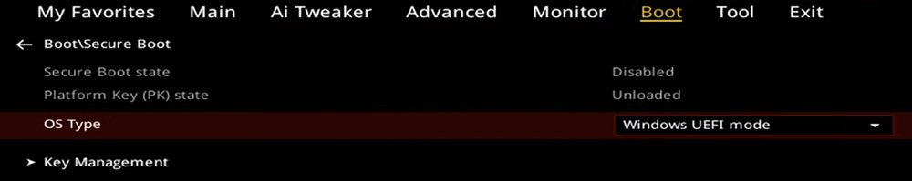BIOS — Secure Boot OS Type: Windows UEFI