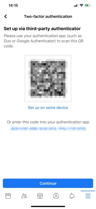 Экран Facebook — QR‑код и опция «Настроить на том же устройстве»