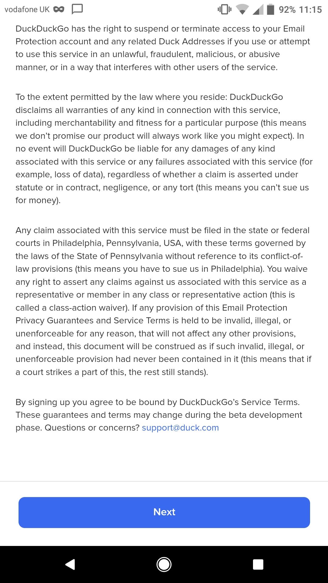 Скриншоты условий и интерфейса регистрации DuckDuckGo