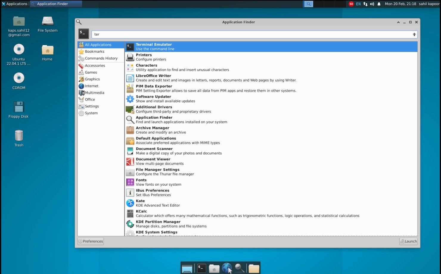 Меню Application Finder на рабочем столе Xfce