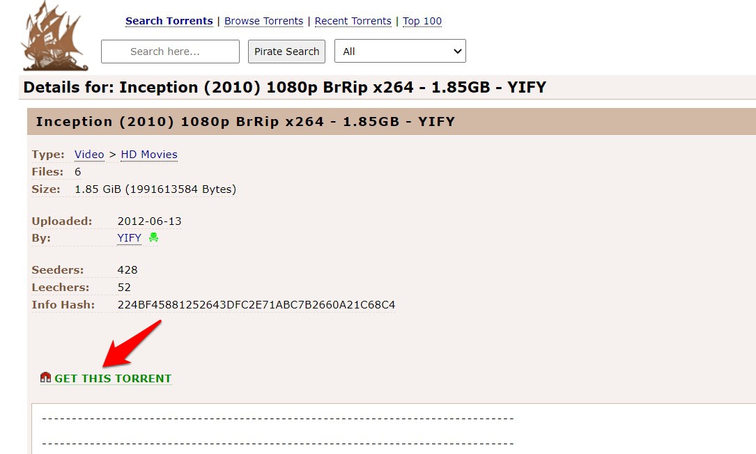 Поисковая страница Pirate Bay