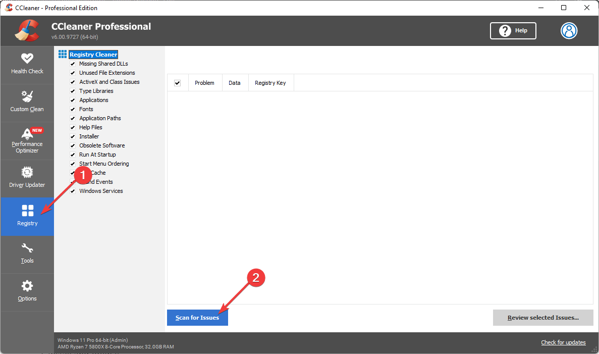 Запуск сканирования реестра на ошибки в CCleaner