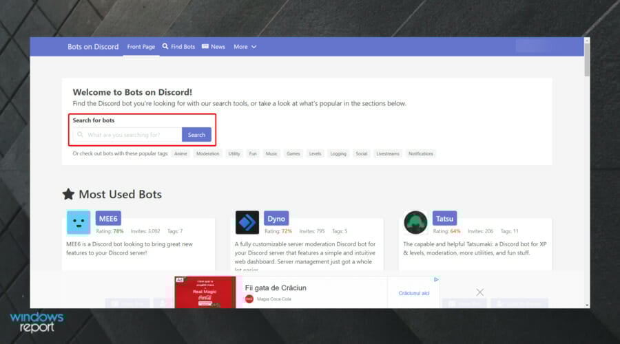 Поиск бота в каталоге Bots On Discord
