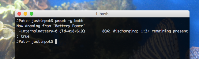 Вывод команды pmset -g batt с информацией о батарее