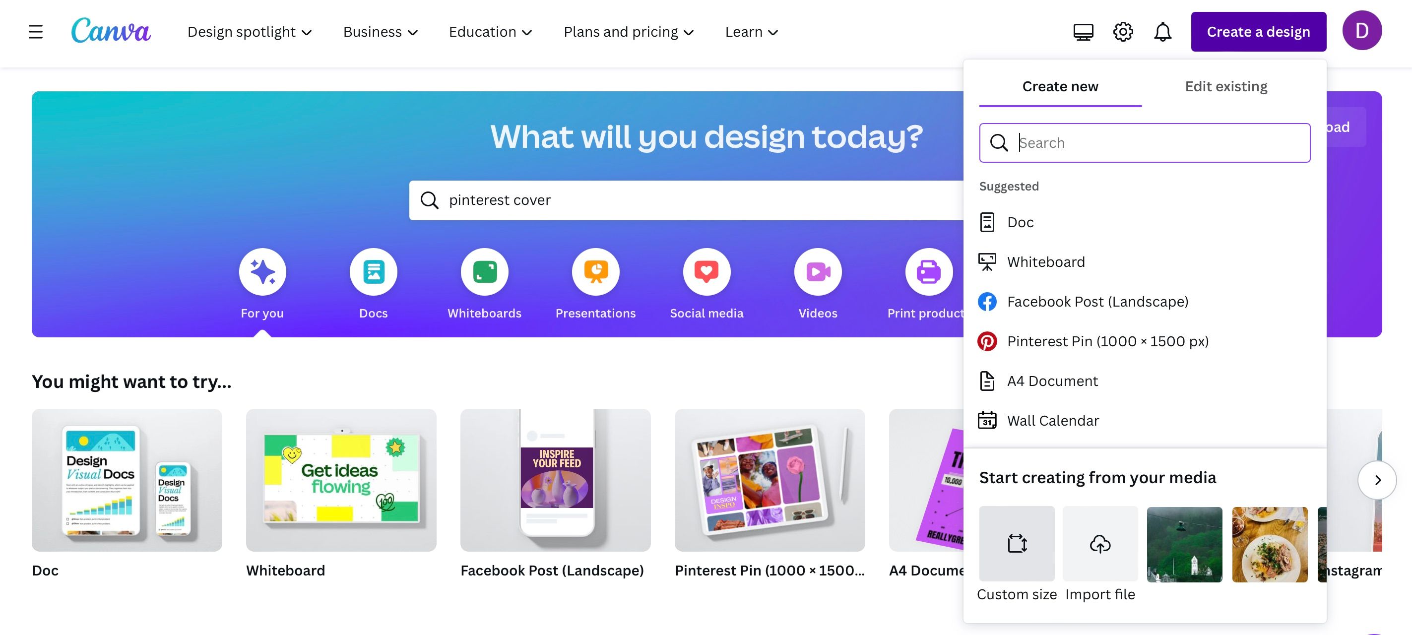 Подсказка Canva: «Создать дизайн» для Pinterest